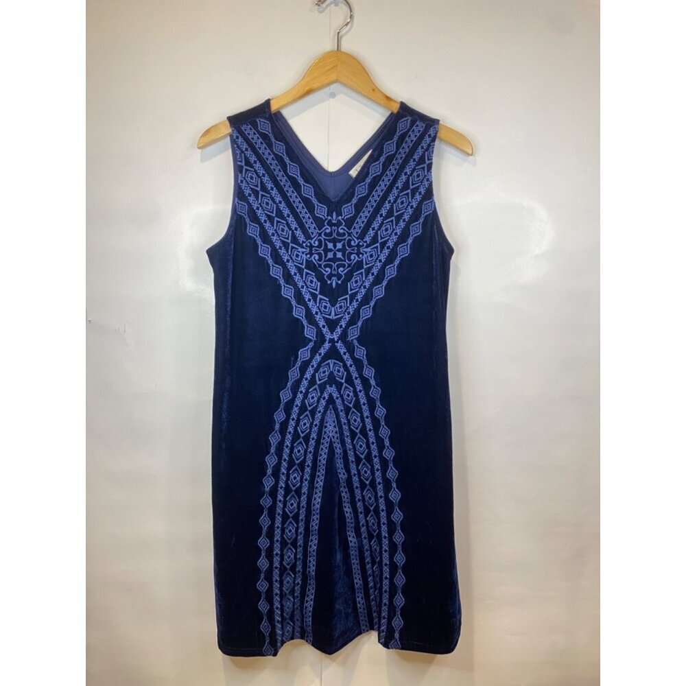 THML Navy Blue Velvet Embroidered V Neck Tunic Dress Sleeveless Boho Size Medium